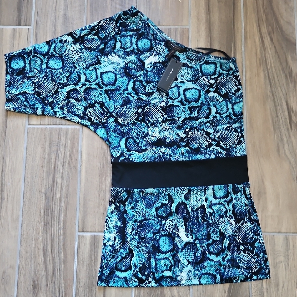 NWT BCBGMAXAZRIA Blue Teal Black Snake Animal Print One-Shoulder Short Dress XXS